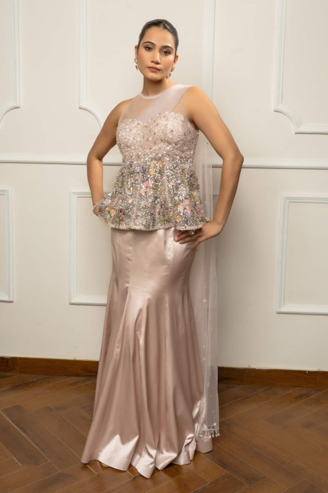 Isha Regalia Beige Embroidered Top With Draped Skirt 