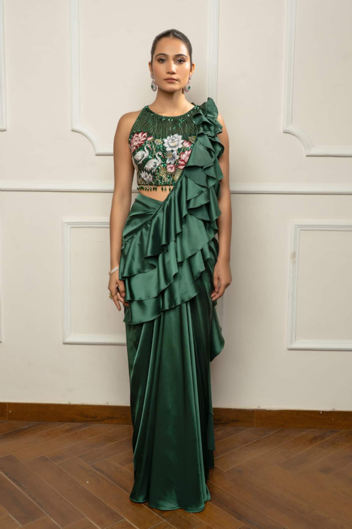 Isha Regalia Bottle Green Drape Saree Set 