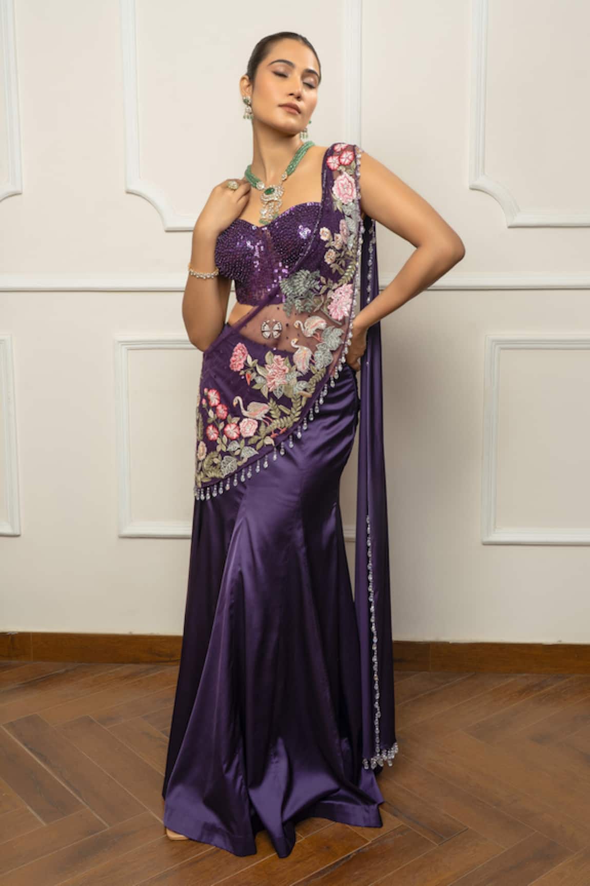 Isha Regalia Designer Purple Drape Saree Set 