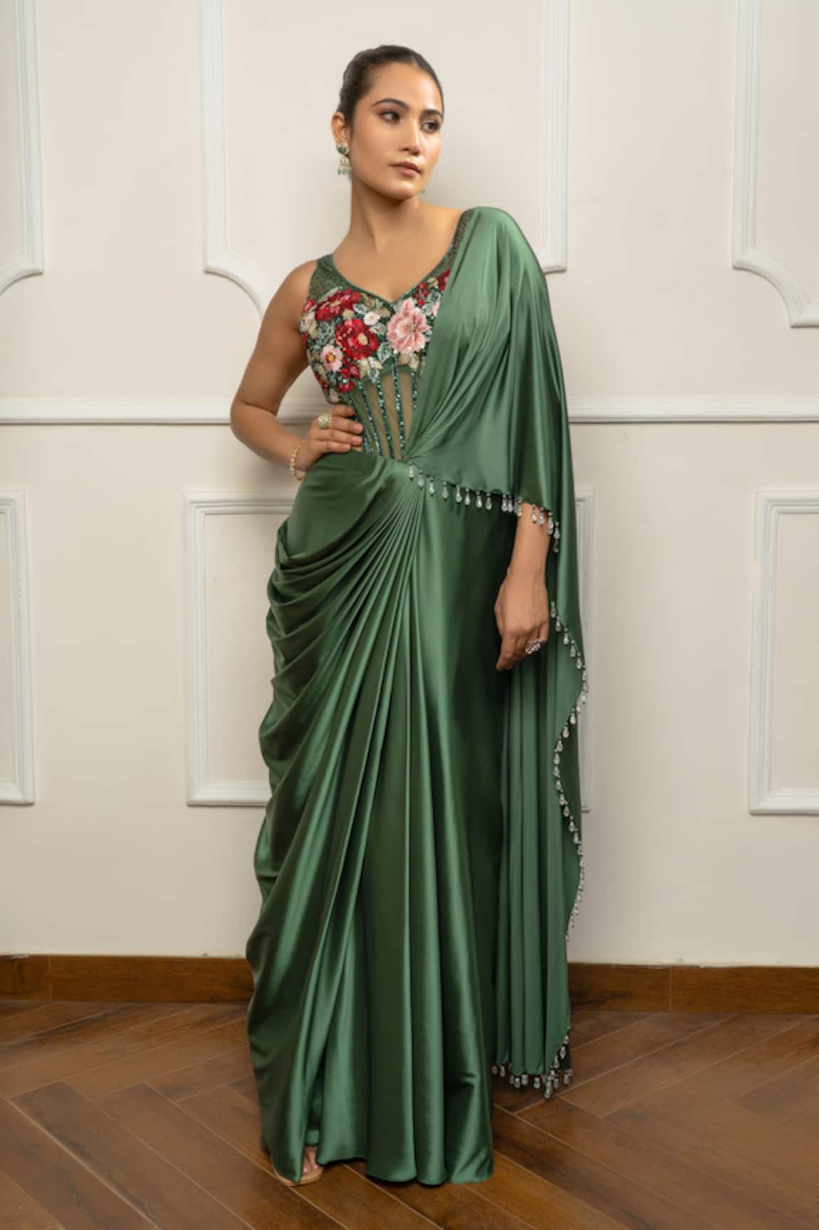 Isha Regalia Green Drape Saree Set 