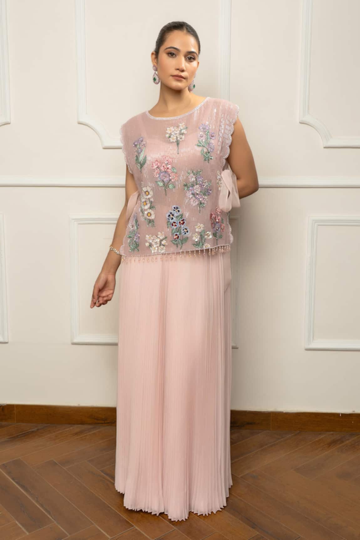 Isha Regalia Pink Hand Embroidered Top & Pleated Skirt 