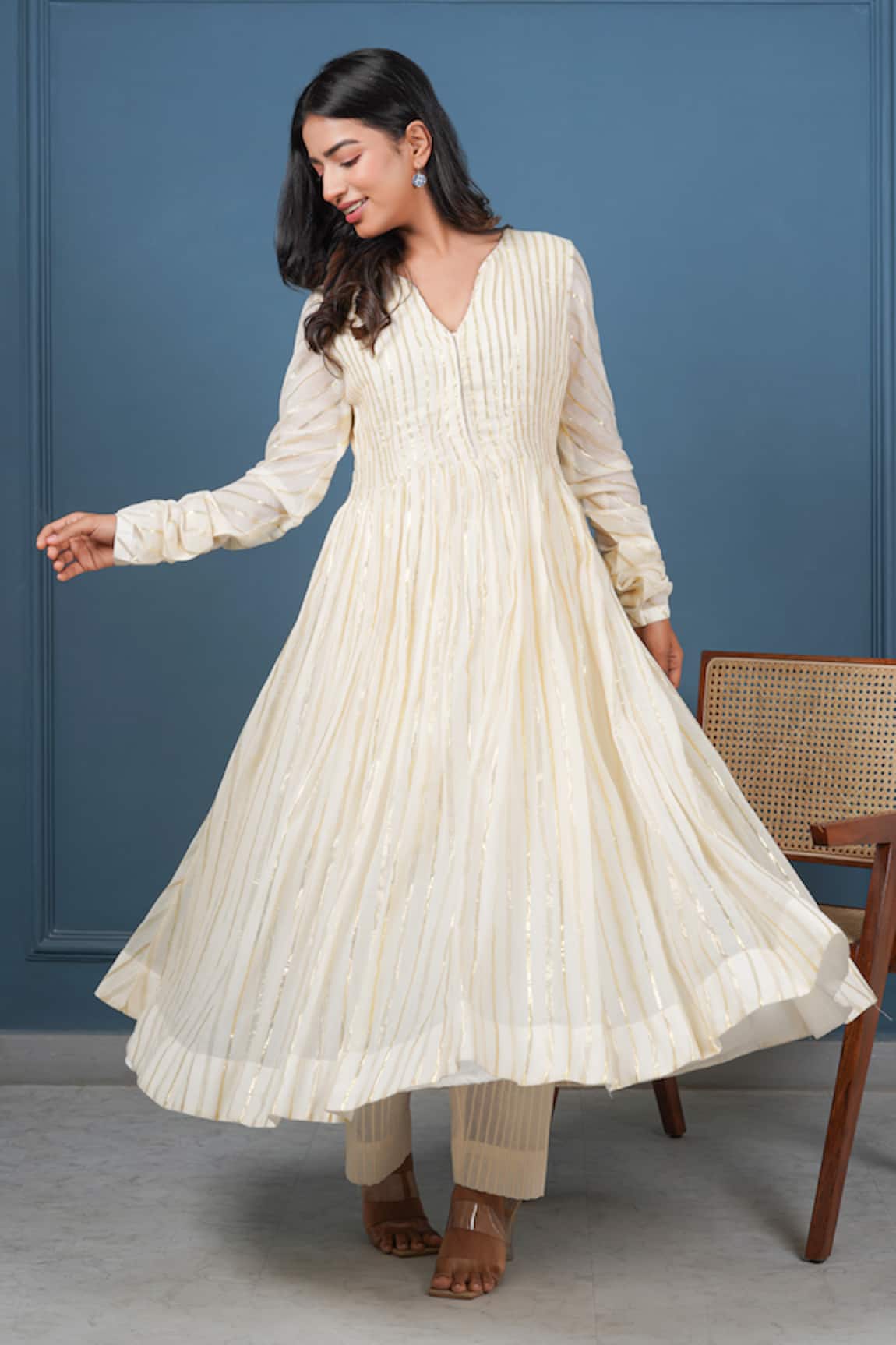 Taro Cream Cotton Lurex Anarkali & Pant Set 