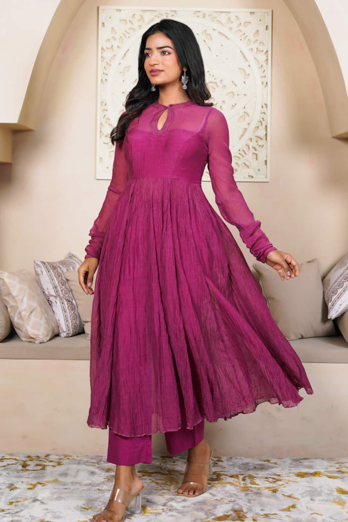 Taro Burgundy Crushed Cotton Anarkali Set 