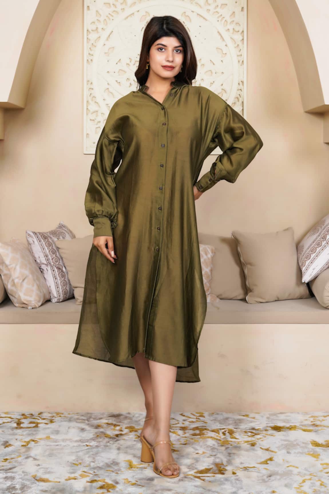 Taro Olive Cotton Silk Chanderi Dress 