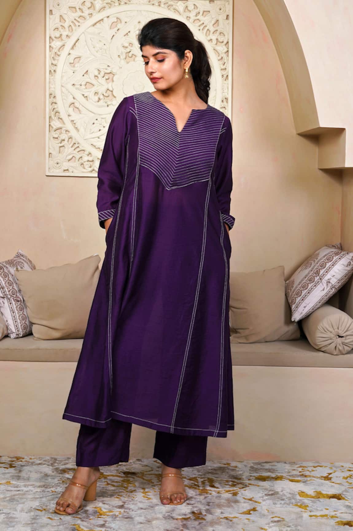 Taro Purple Cotton Silk Chanderi Kurta Pant Set 