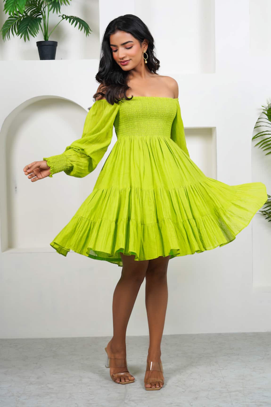 Taro Sheen Green Off-Shoulder Dress 
