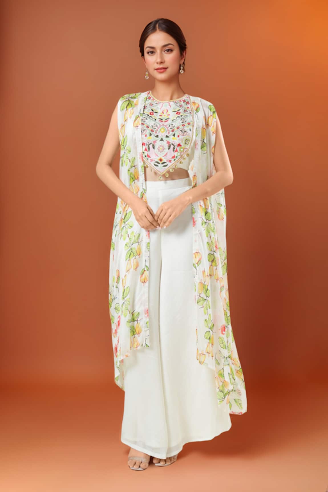 Samyukta Singhania Embroidered Off White Blouse & Palazzo Set 