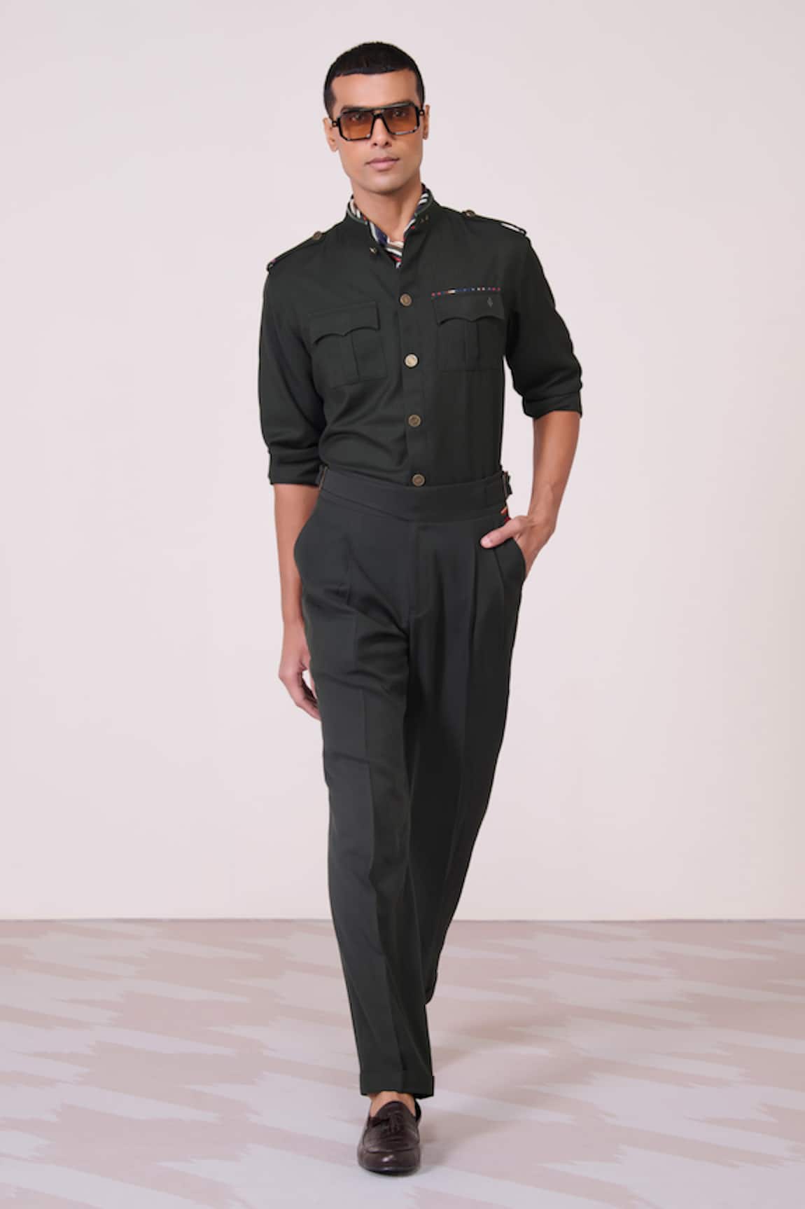 S&N By Shantnu Nikhil Military Green Honeycomb Shirt 