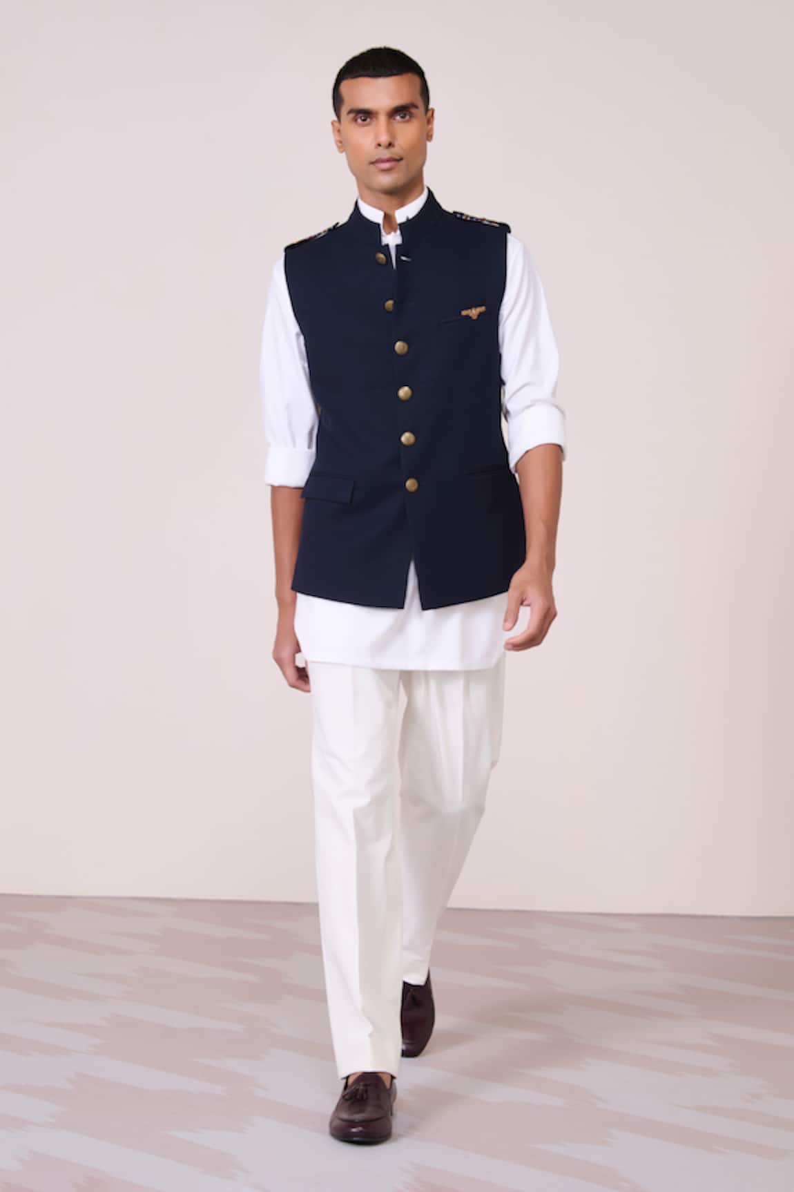 S&N By Shantnu Nikhil Navy Faux Leather Accent Waistcoat 
