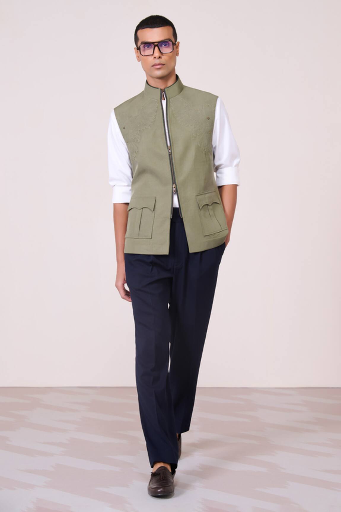 S&N By Shantnu Nikhil Military Green Sartorial Waistcoat 