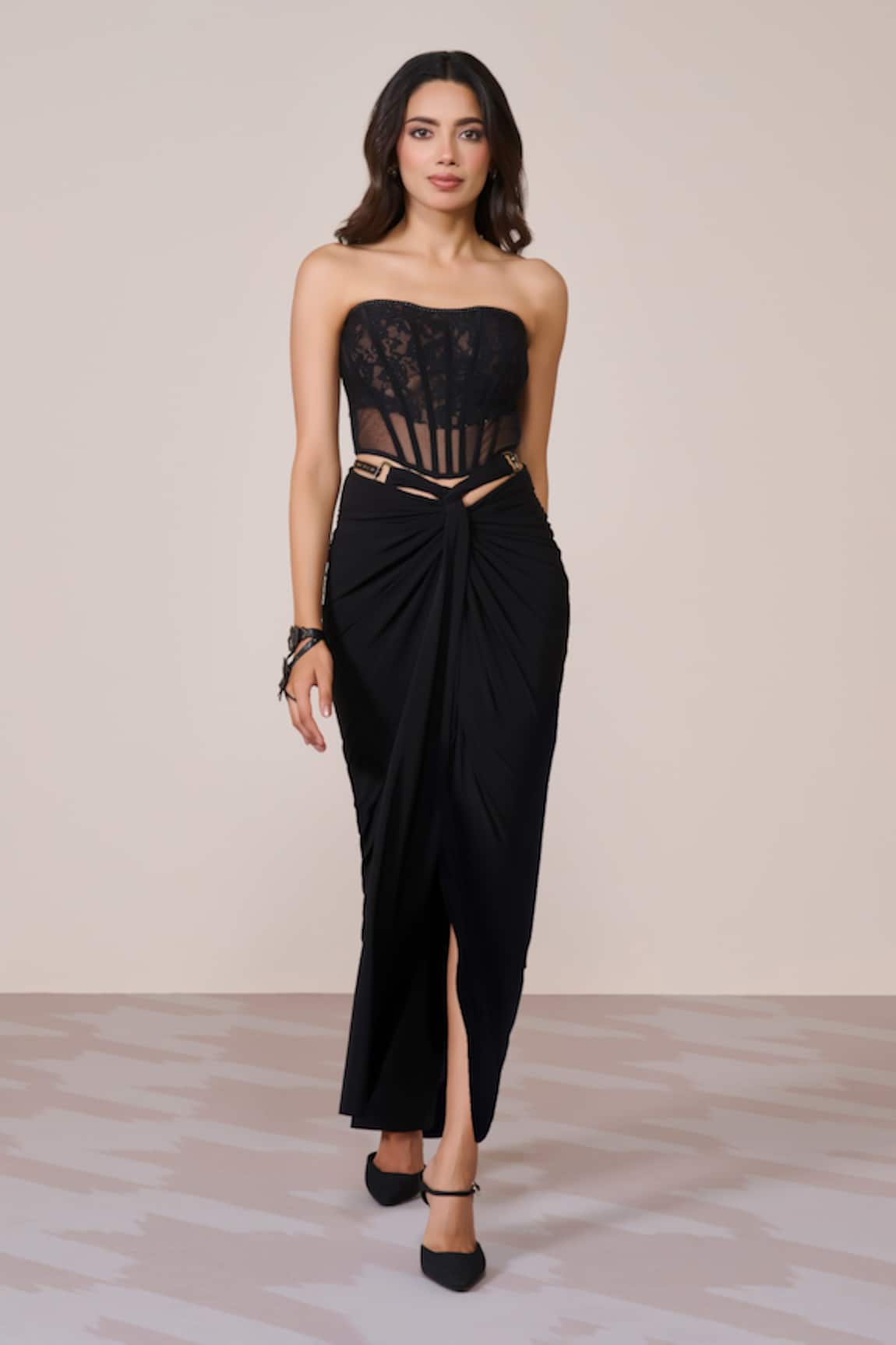 S&N By Shantnu Nikhil Black Lace Mesh Corset Top 