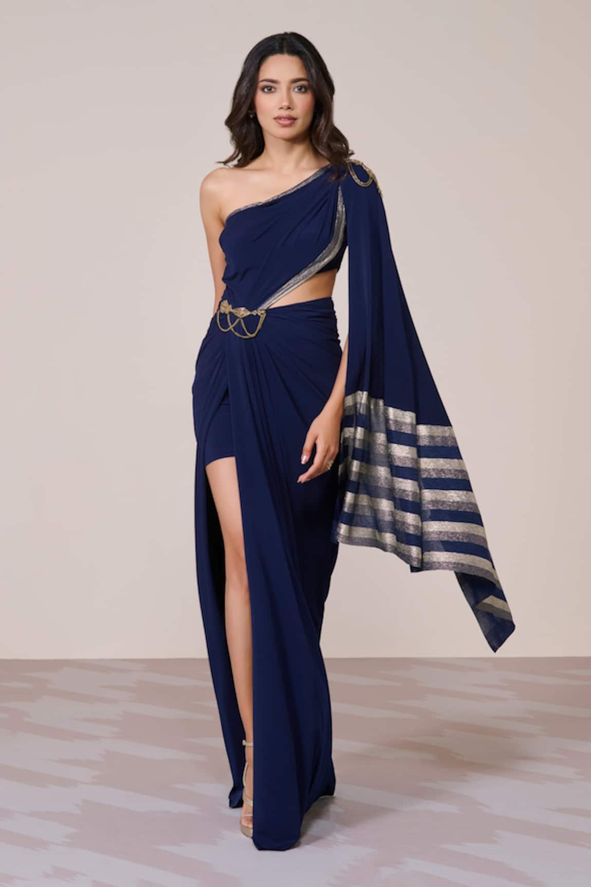 S&N By Shantnu Nikhil Navy One-Shoulder Saree Gown 