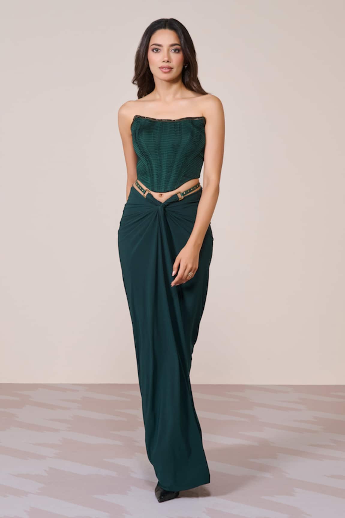 S&N By Shantnu Nikhil Emerald Twisted Drape Skirt 