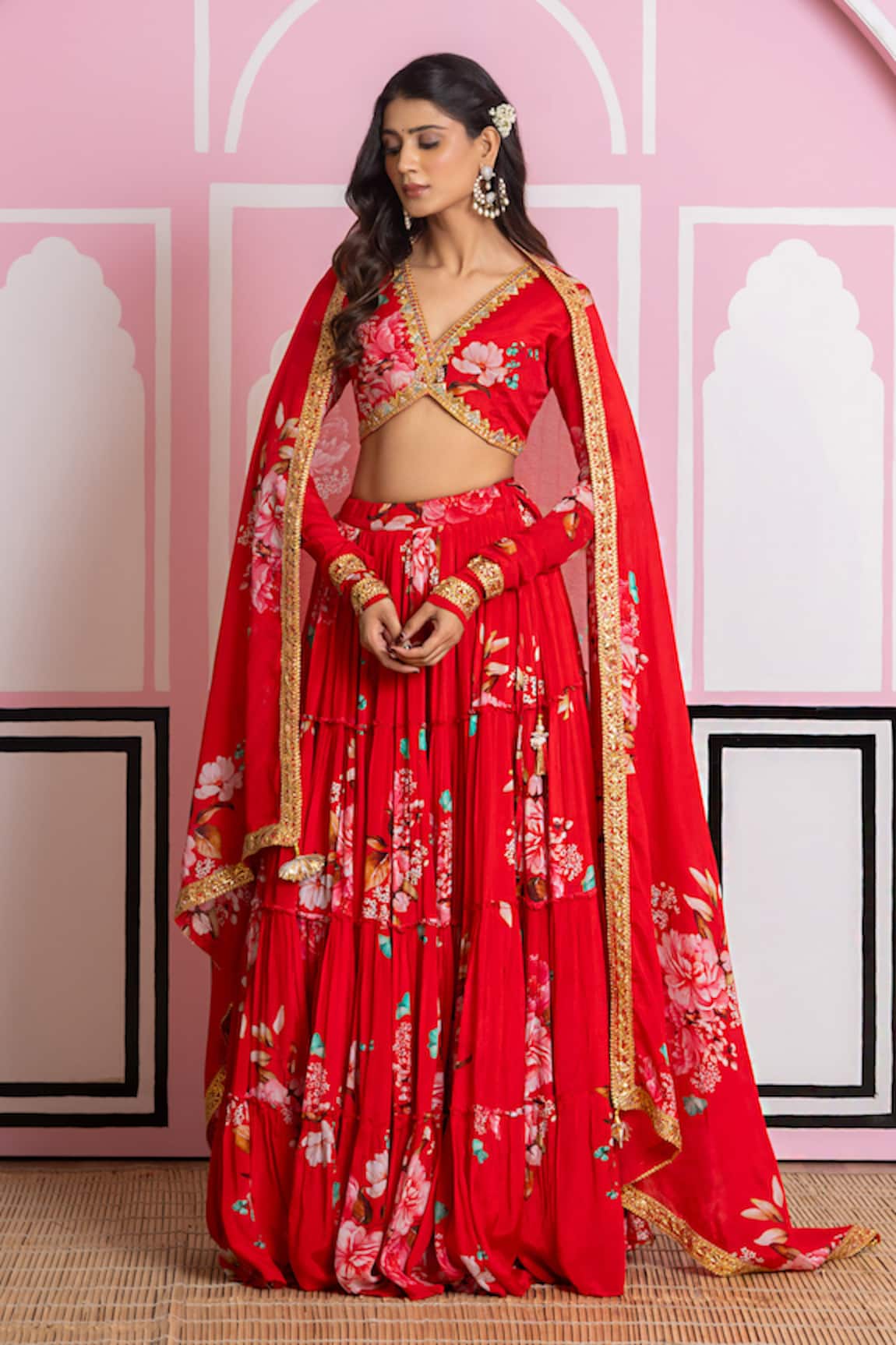 Yuvraani Jaipur Red Floral Chinnon Chiffon Lehenga Set 