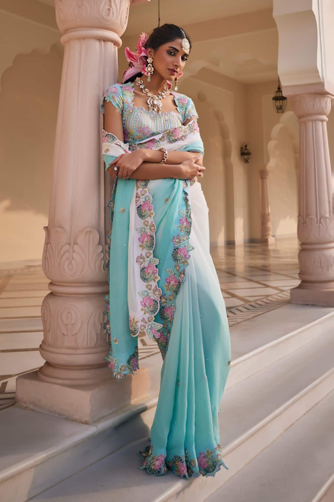 Nea By Nikita Tiwari Neeraja Metallic Sea Green Saree Set 