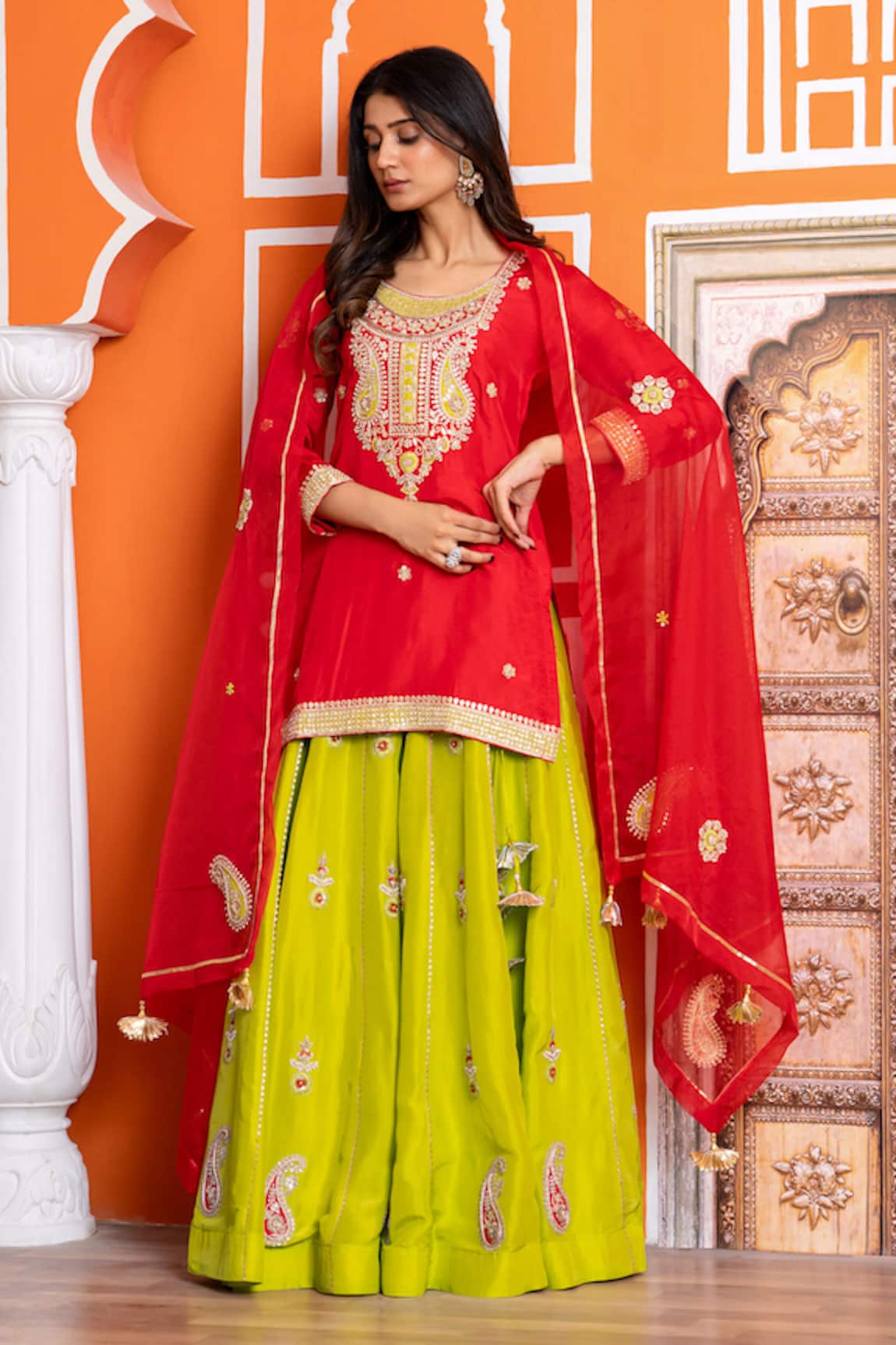 Yuvraani Jaipur Red Embroidered Lehenga Kurta Set 