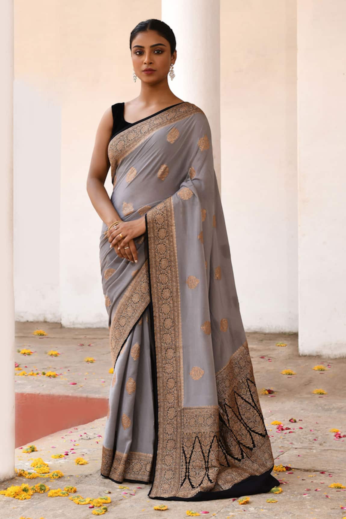 Naaritva India Grey Banarasi Saree With Running Blouse 