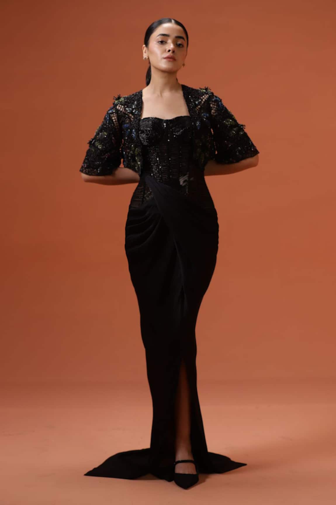 Taali Black Hand Embellished Corset Dress & Cape 