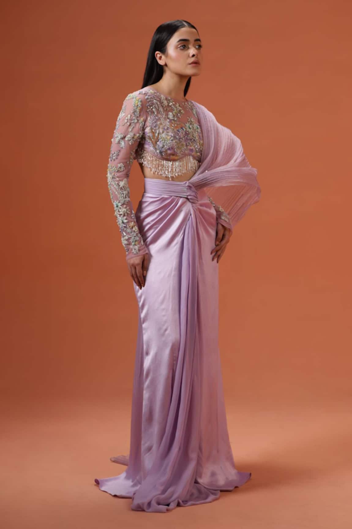 Taali Hand Embellished Purple Pre-Draped Saree 