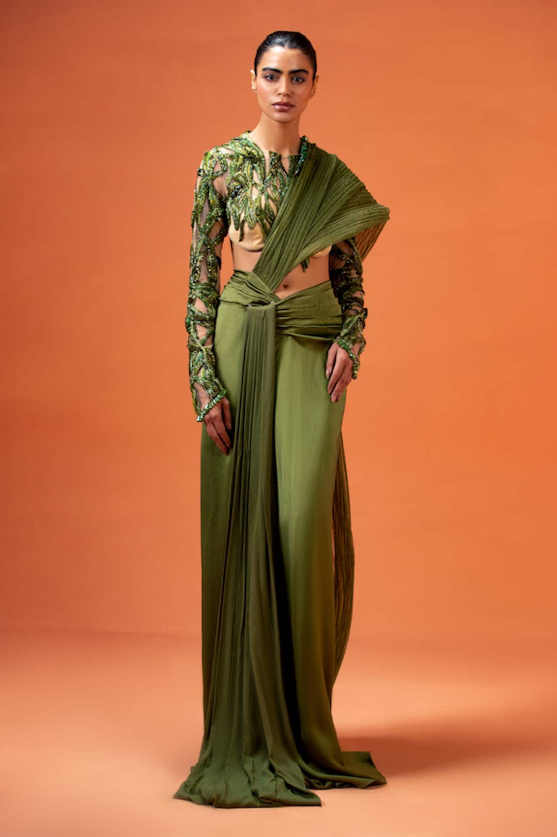 Taali Green Hand Embellished Pre-Draped Saree Set 