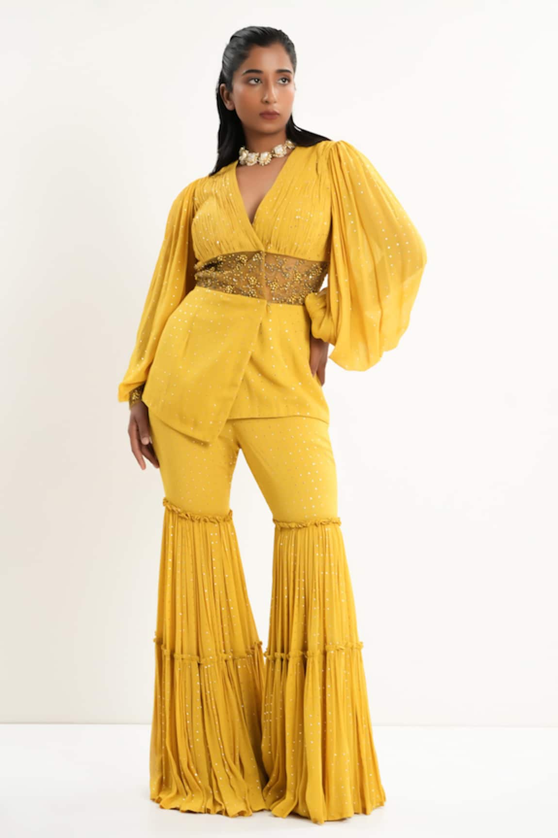 Aurouss Sunroot Yellow Designer Blazer & Palazzo Set 