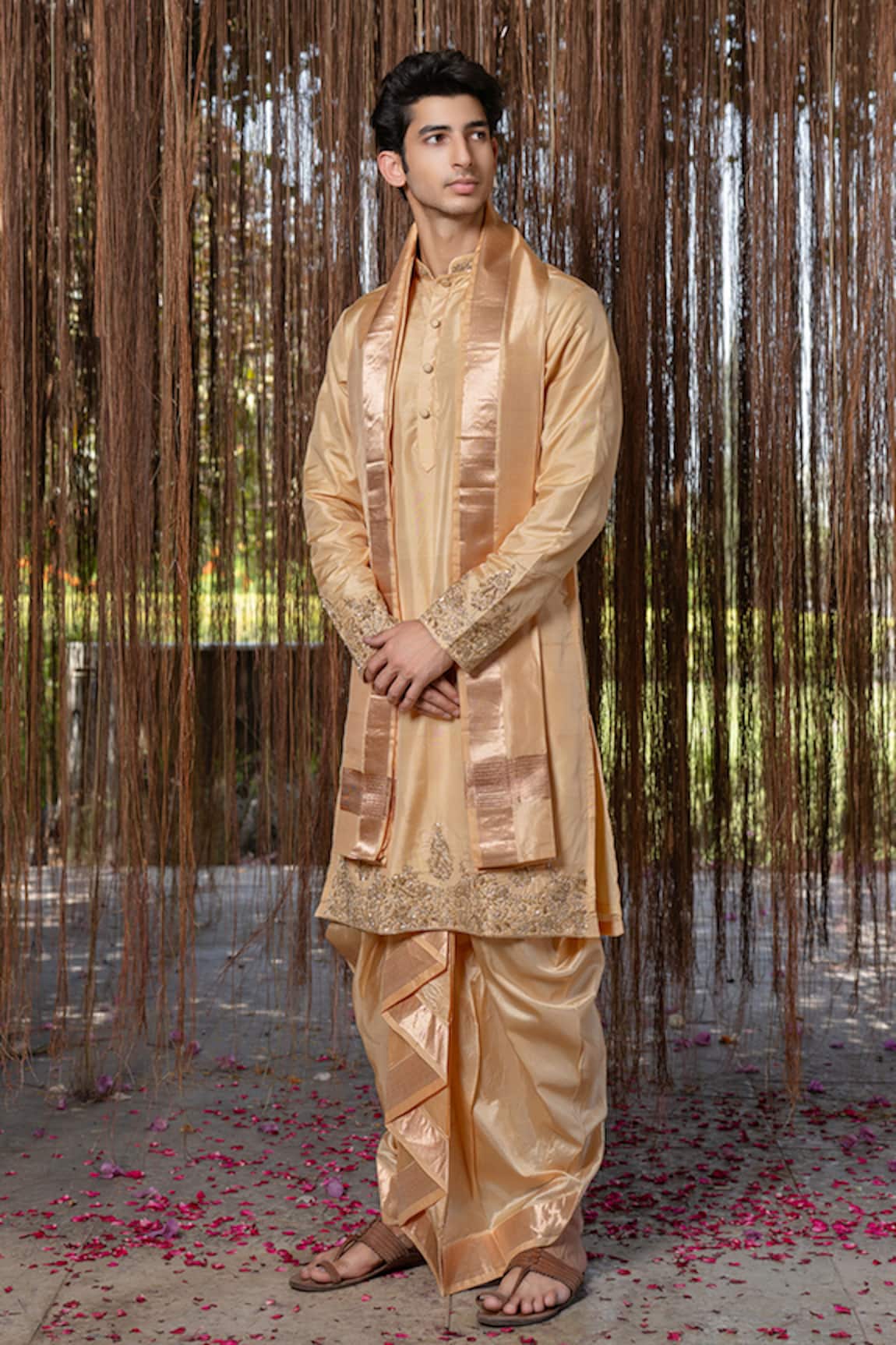 Hilo Design Tan Kanjivaram Hand Embroidered Pattu Set 