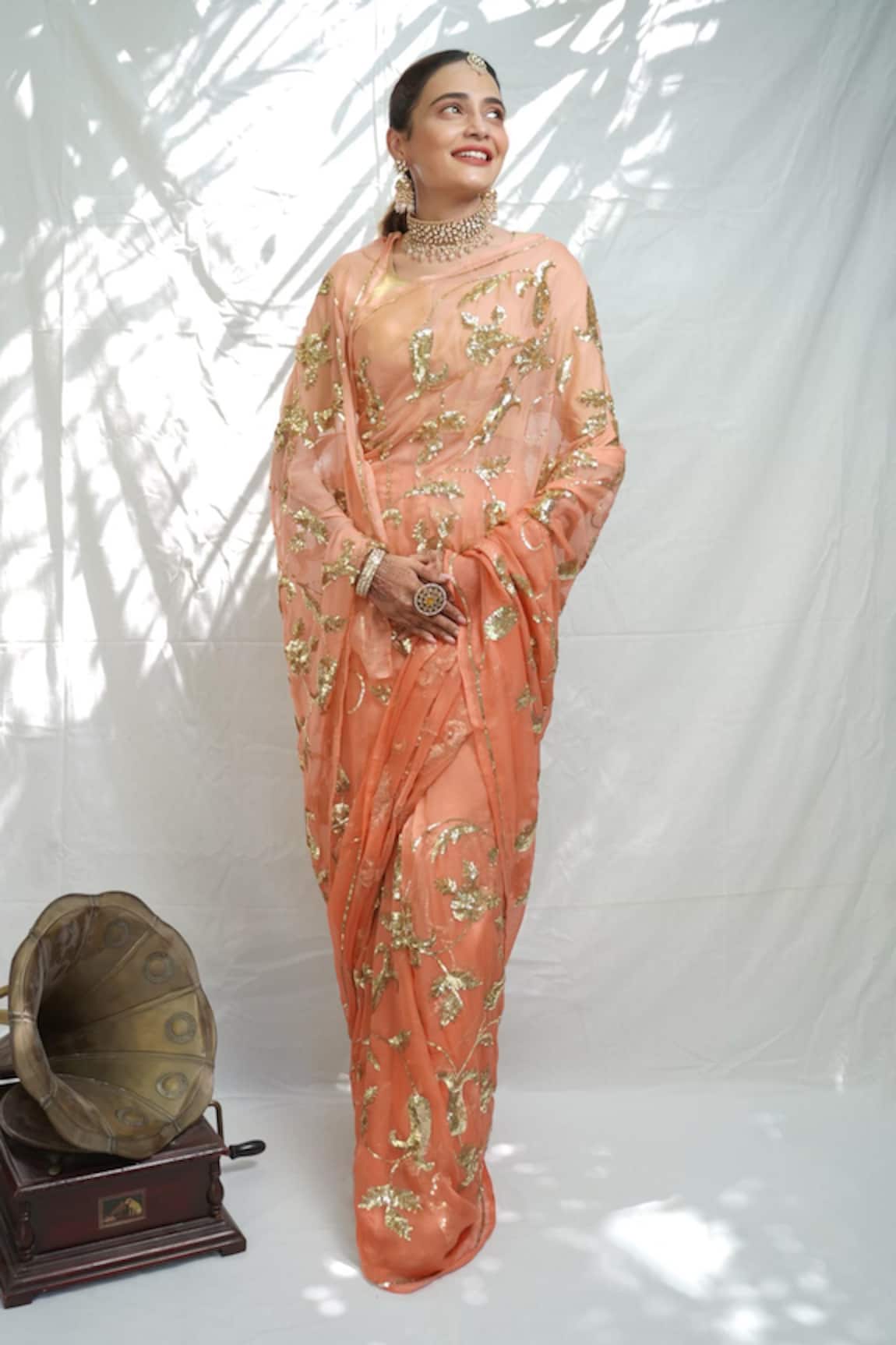 Ruar India Peach Jhilmil Saree With Blouse 