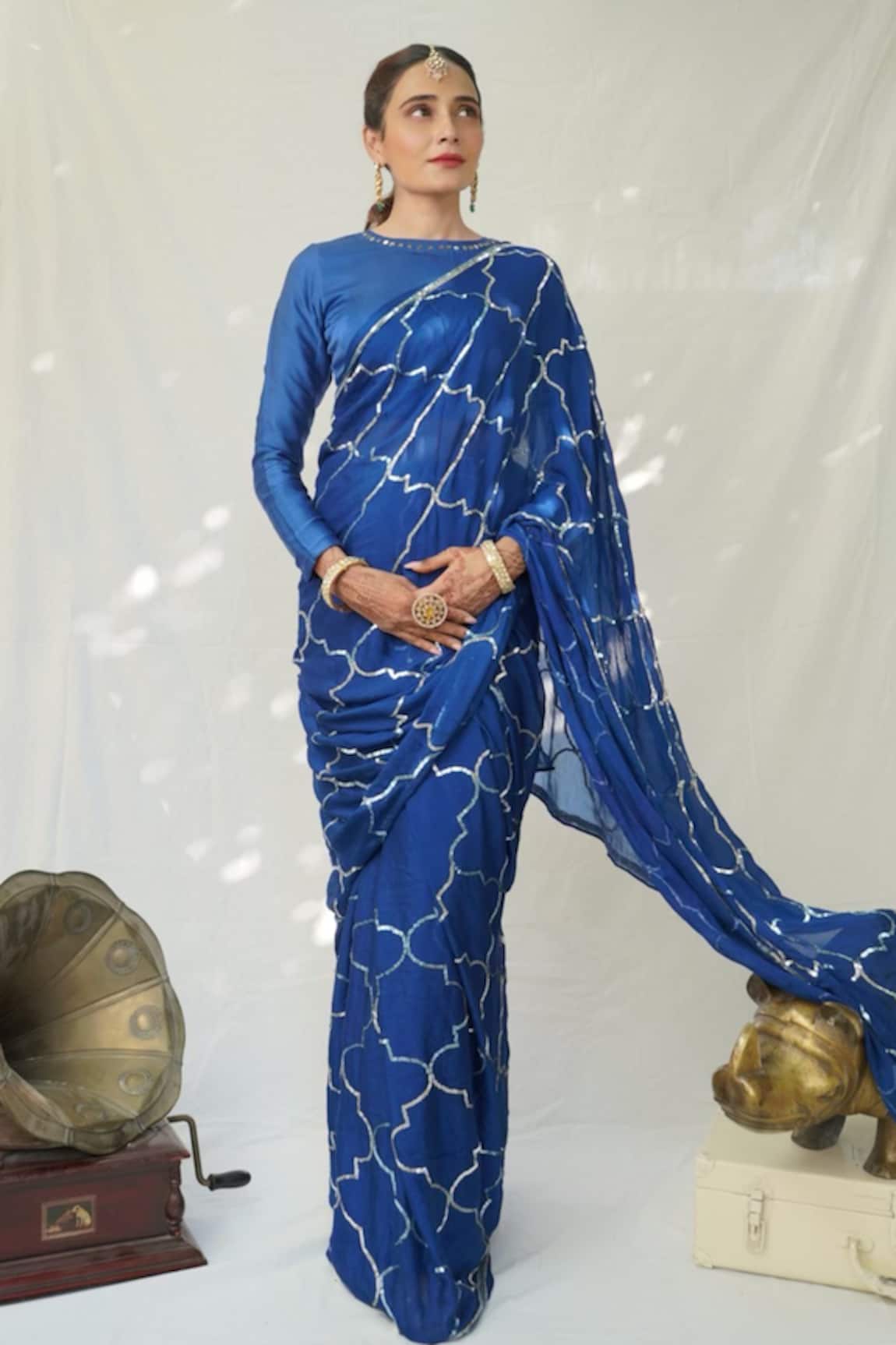 Ruar India Queensblue Chiffon Saree With Blouse 