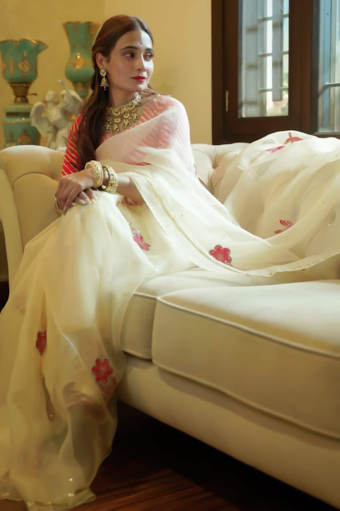 Ruar India Cream Organza Silk Saree With Blouse 
