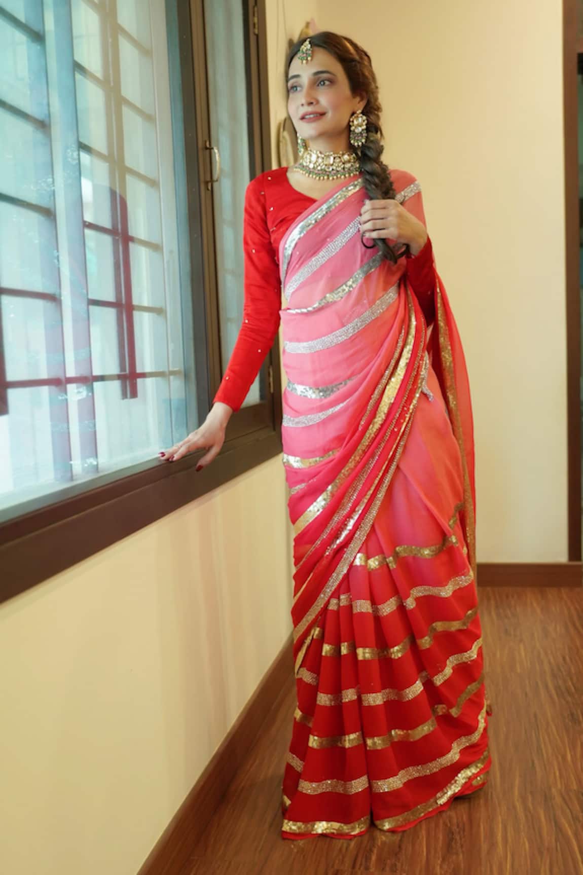 Ruar India Red Sequined Chiffon Saree With Blouse 