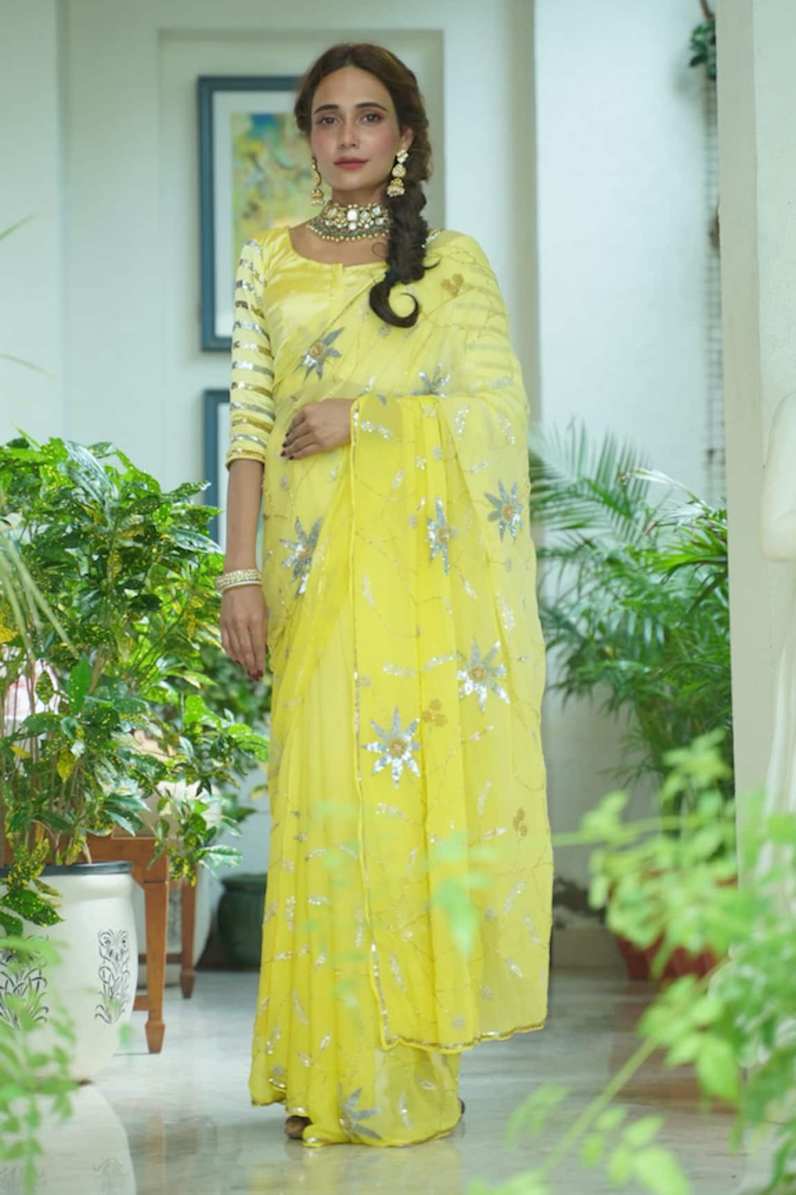 Ruar India Lemon Chiffon Saree With Stitched Blouse 