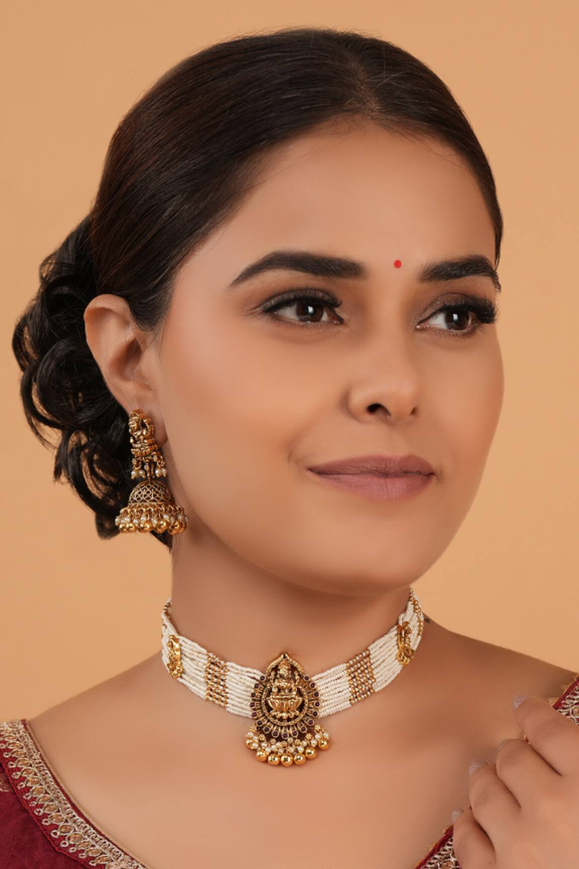 Smars Jewelry Gold Pearl Work Necklace & Earring Set 