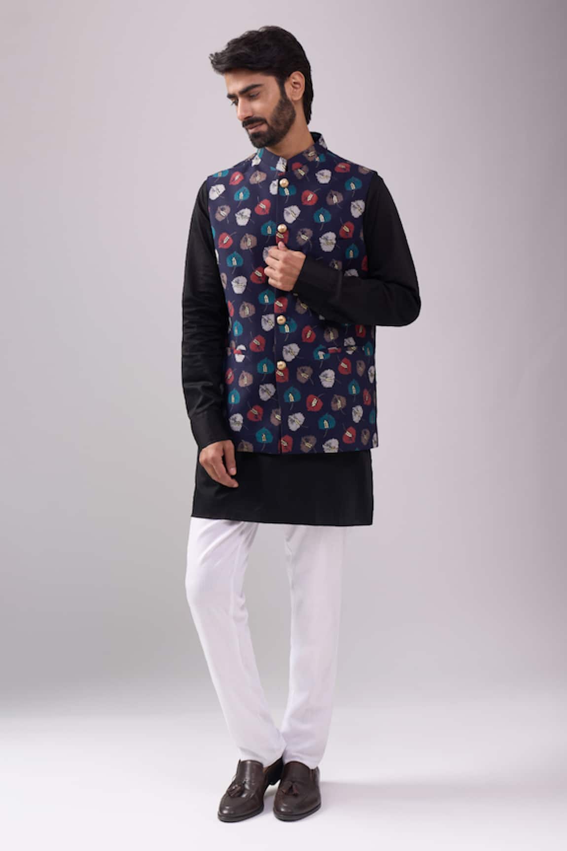 Spring Break Navy & Gold Leaf Print Kurta Set 