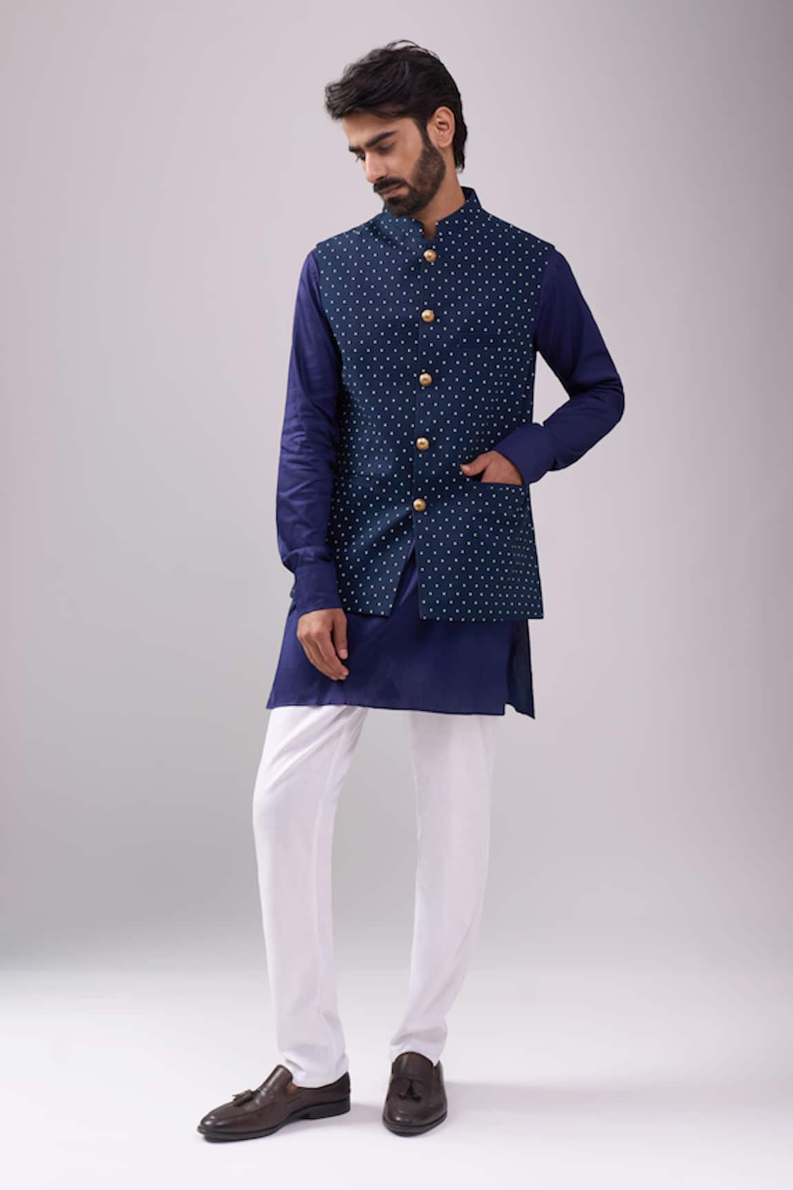 Spring Break Navy Blue Printed Nehru Jacket 