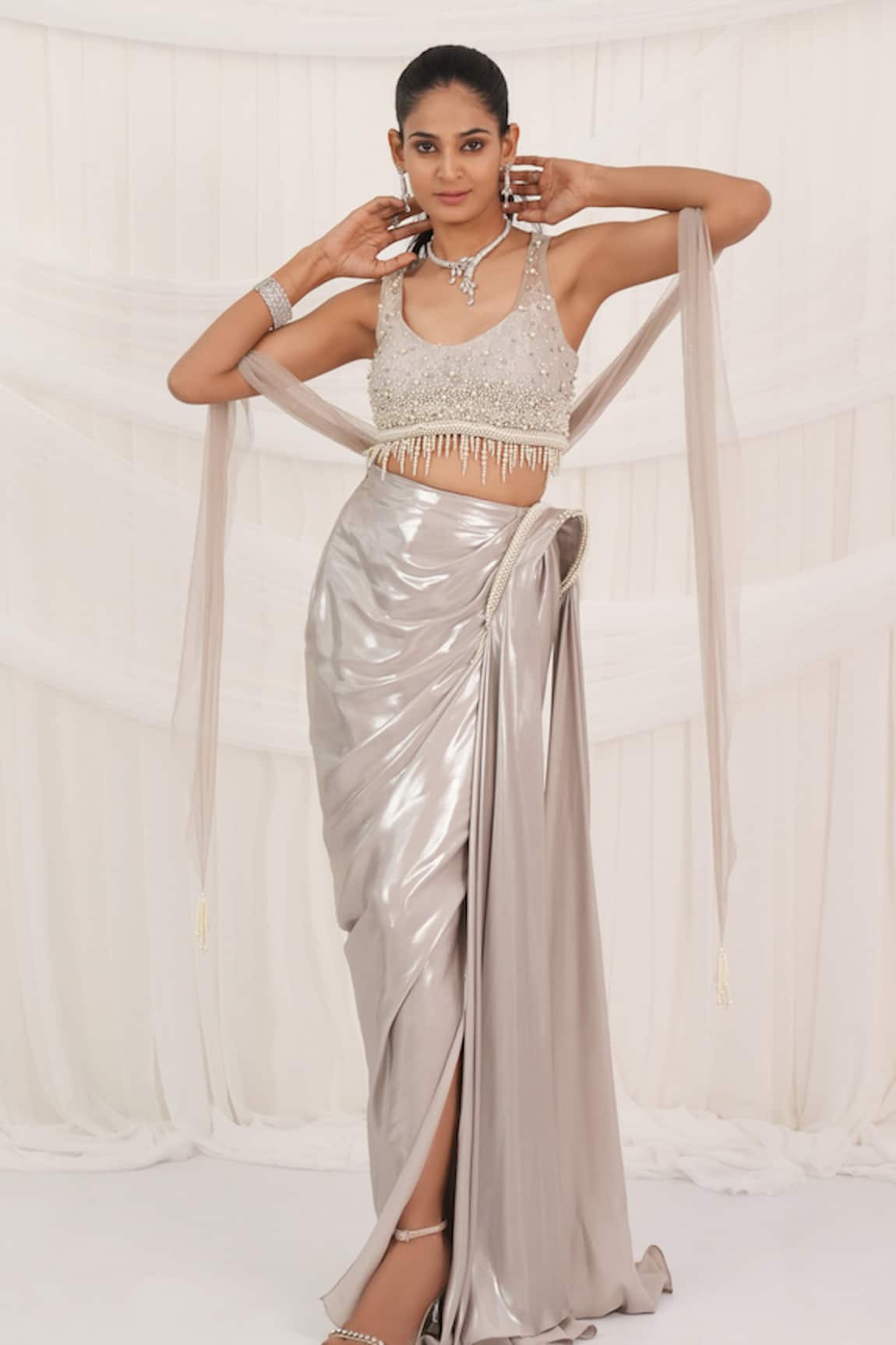 Aurouss Liquid Silver Draped Skirt Set 