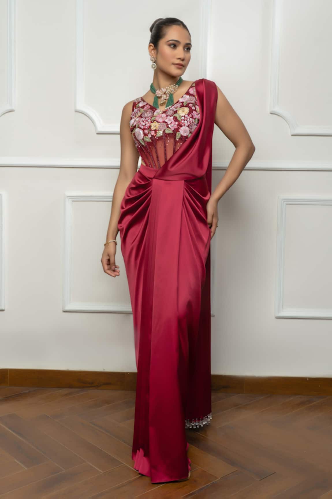 Isha Regalia Maroon Drape Saree Set 