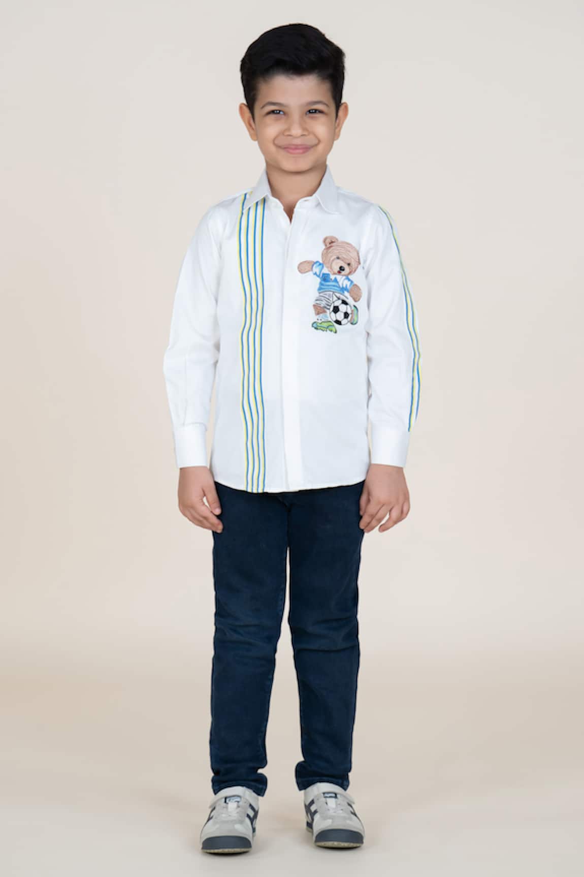 Little Boys Closet White Cotton Satin Shirt with Bear 