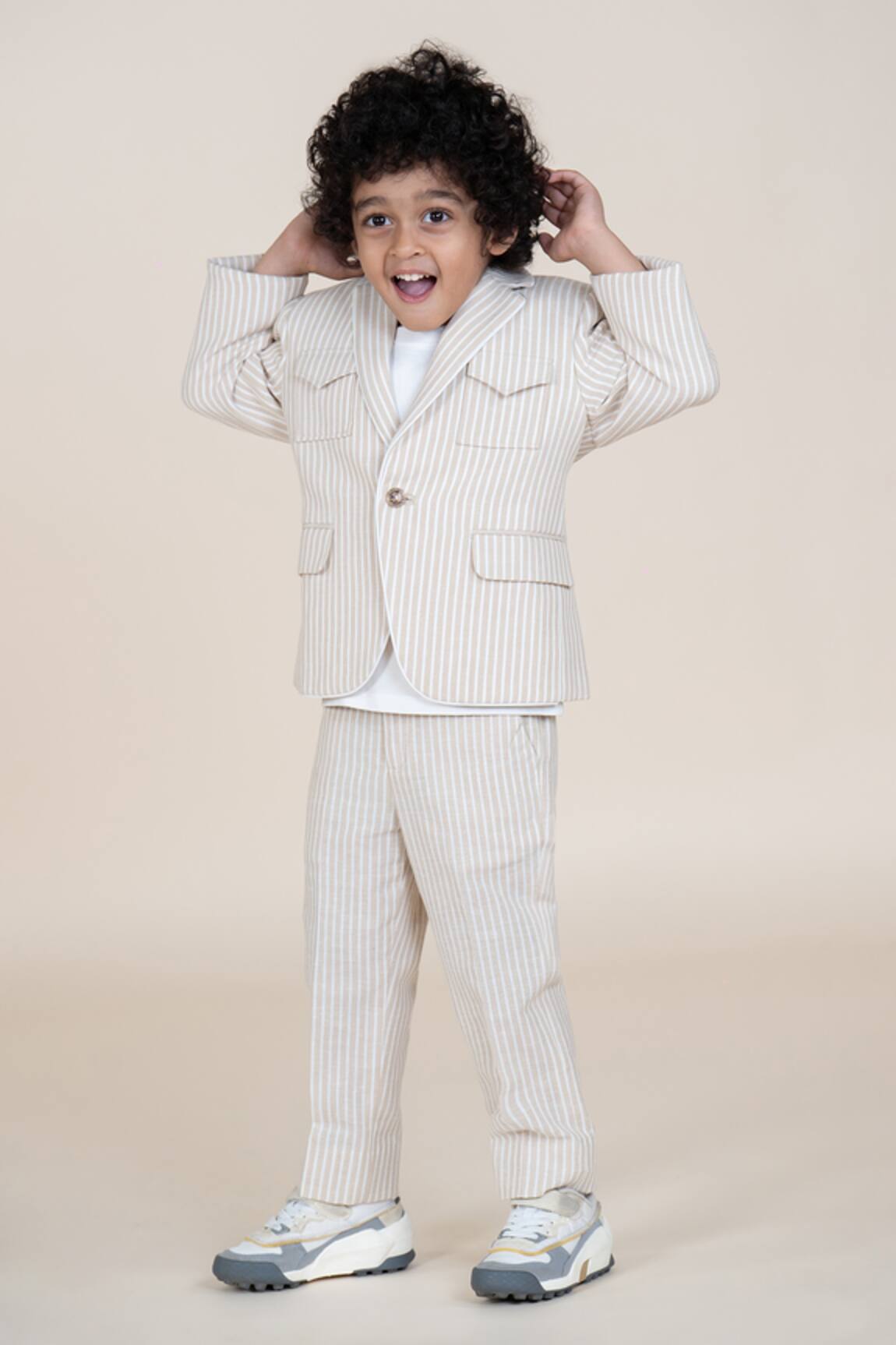 Little Boys Closet Beige Striped Blazer & Pant Set 