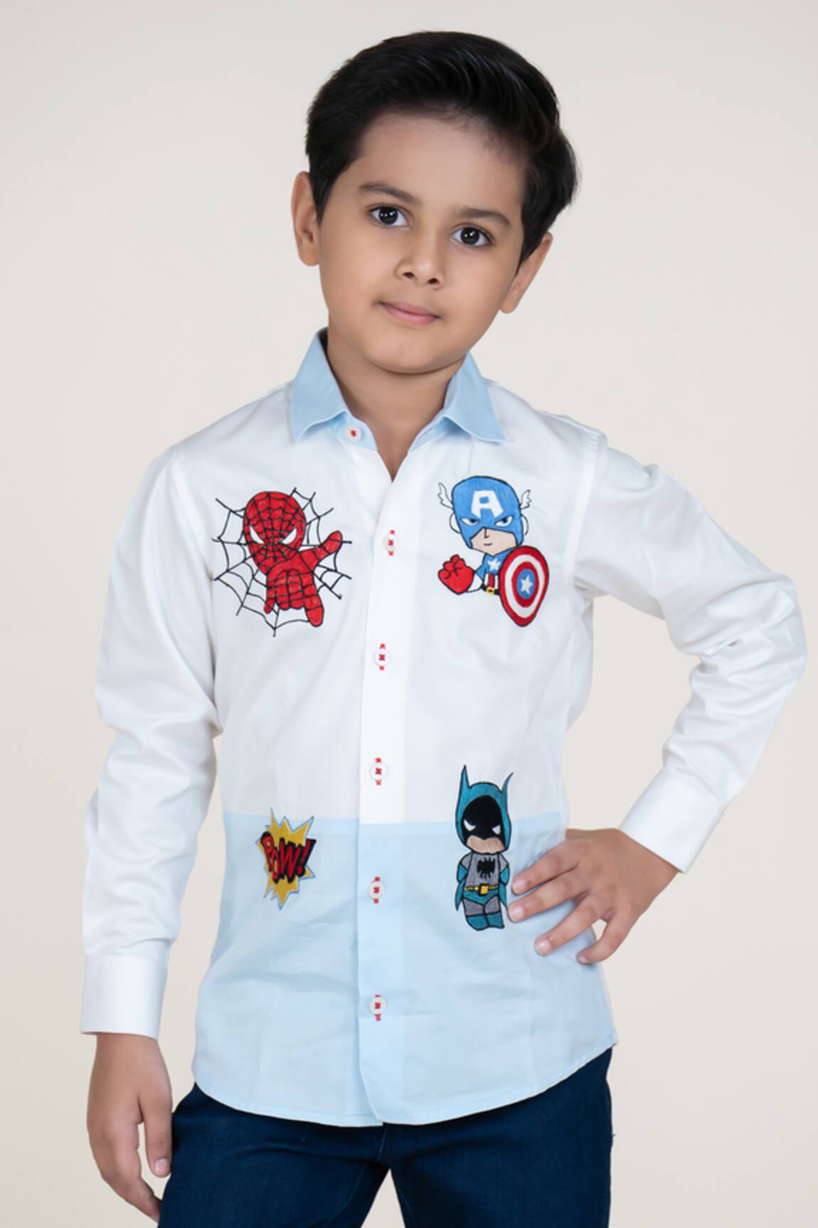 Little Boys Closet White Cotton Satin Superhero Shirt 