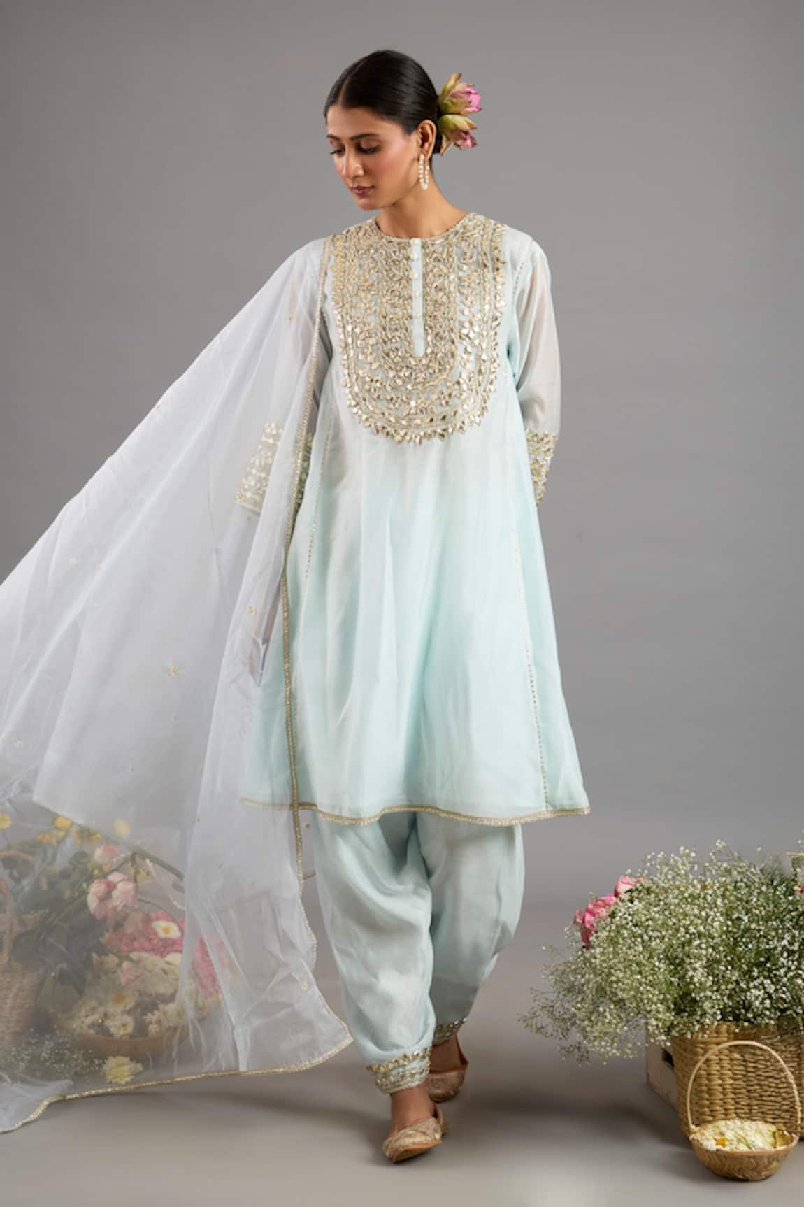Saina Kapoor Designer Ice Blue Chanderi Kurta Set 