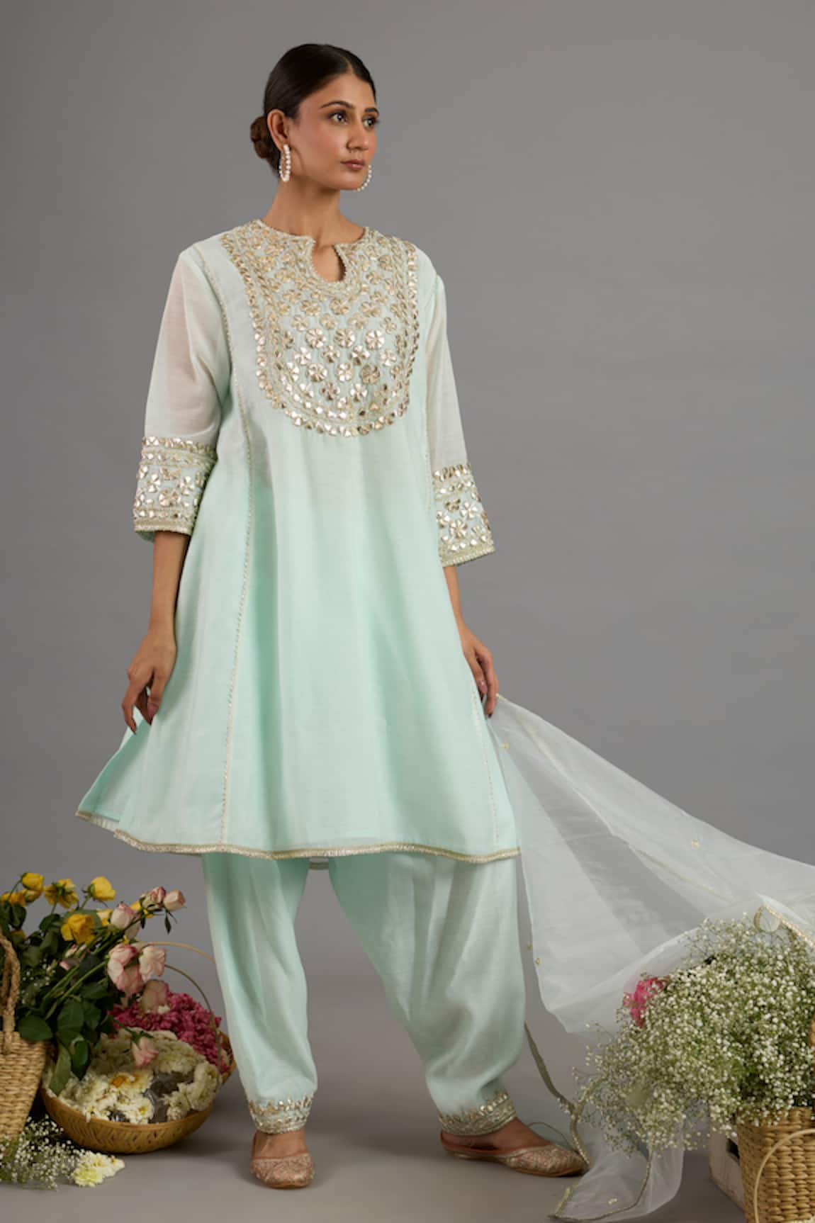 Saina Kapoor Mint Green Chanderi Embroidered Kurta Set 