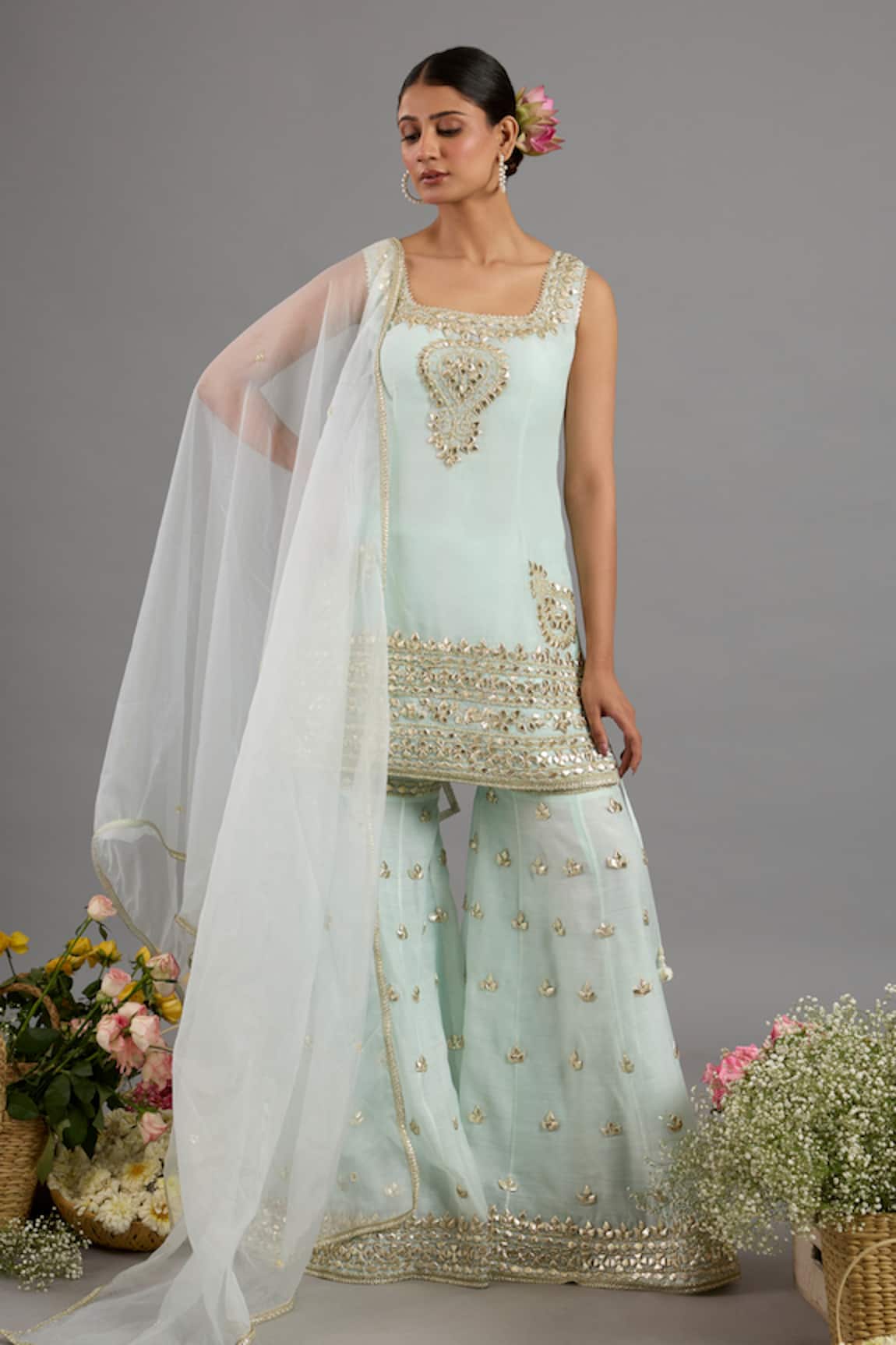 Saina Kapoor Mint Green Embellished Kurta Gharara Set 