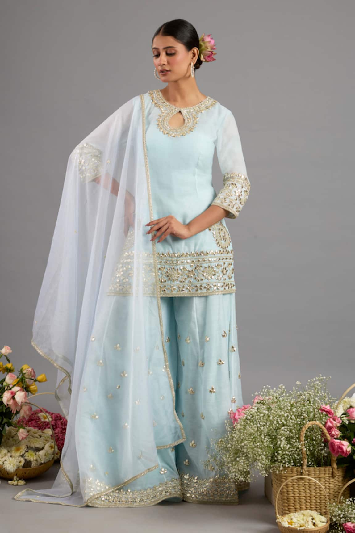Saina Kapoor Designer Ice Blue Chanderi Kurta Sharara Set 