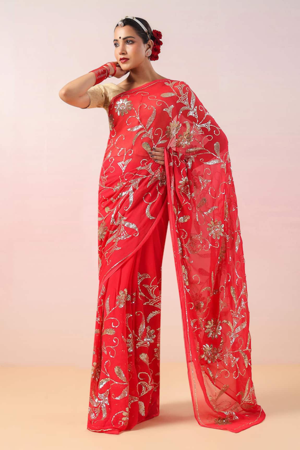 Ruar India Sequin Bloom Jaal Embroidered Saree Set 
