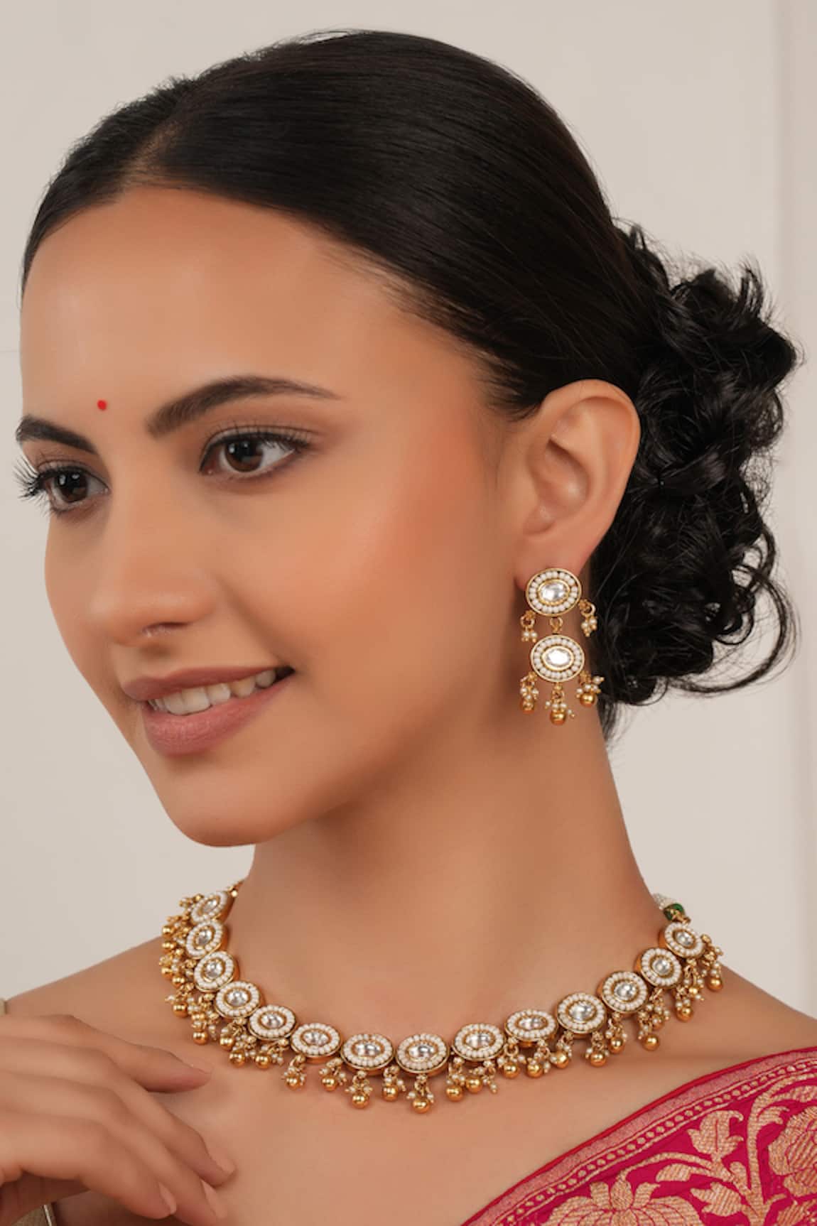 Smars Jewelry Gold Kundan Pearl Necklace & Earring Set 