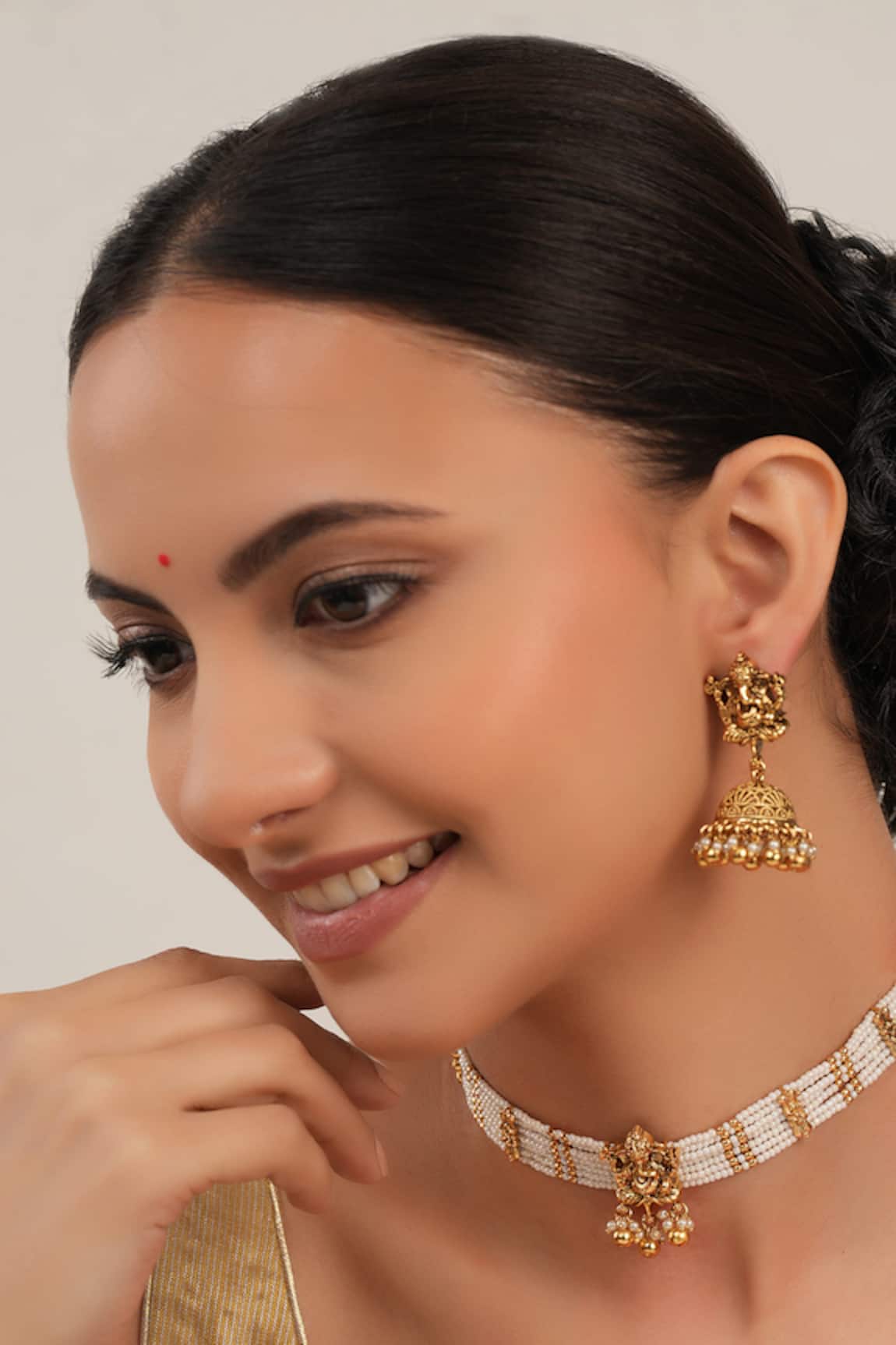Smars Jewelry Gold Pearl Work Necklace & Earring Set 