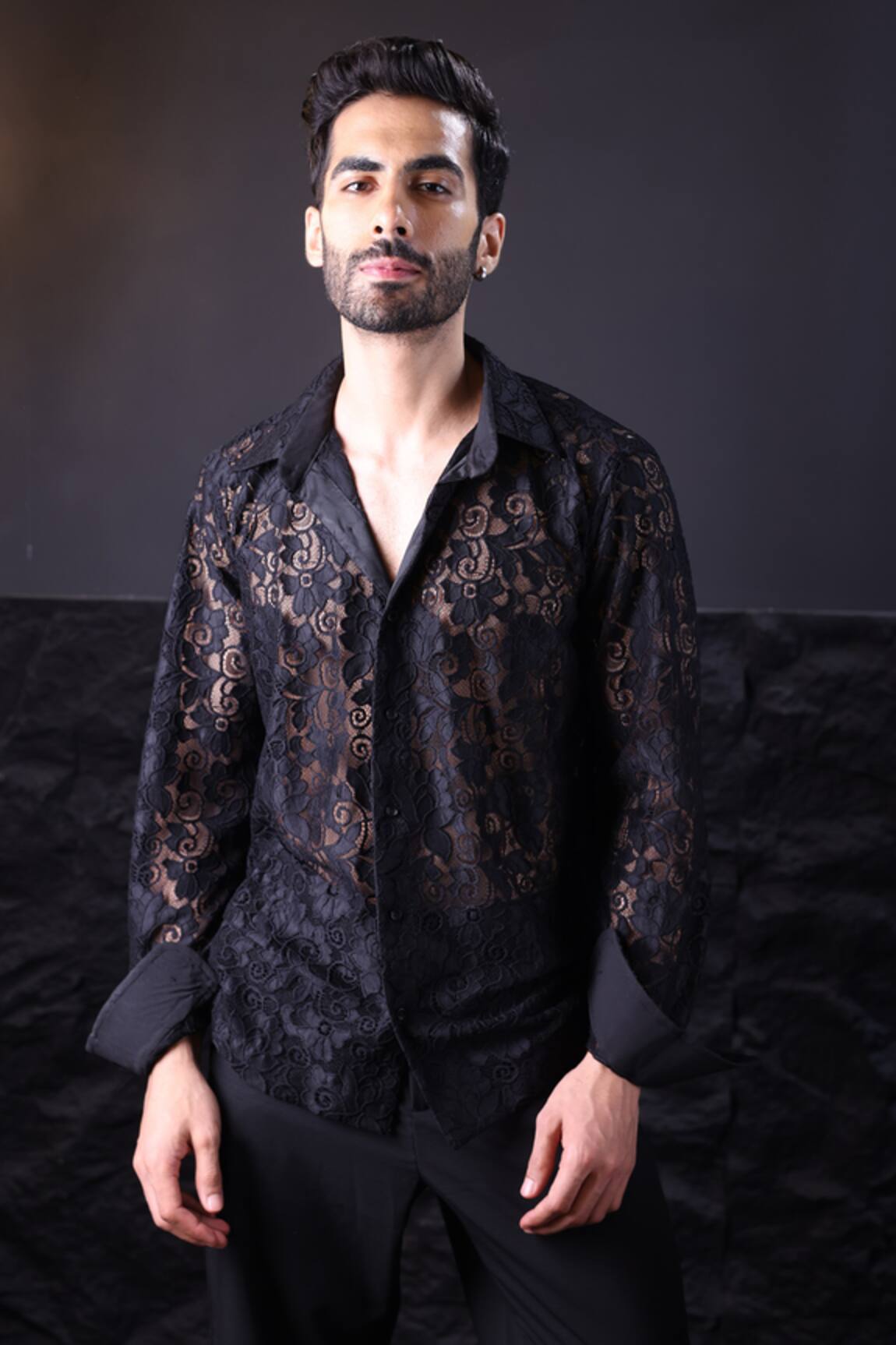 Label Muslin Designer Black Crochet Shirt 