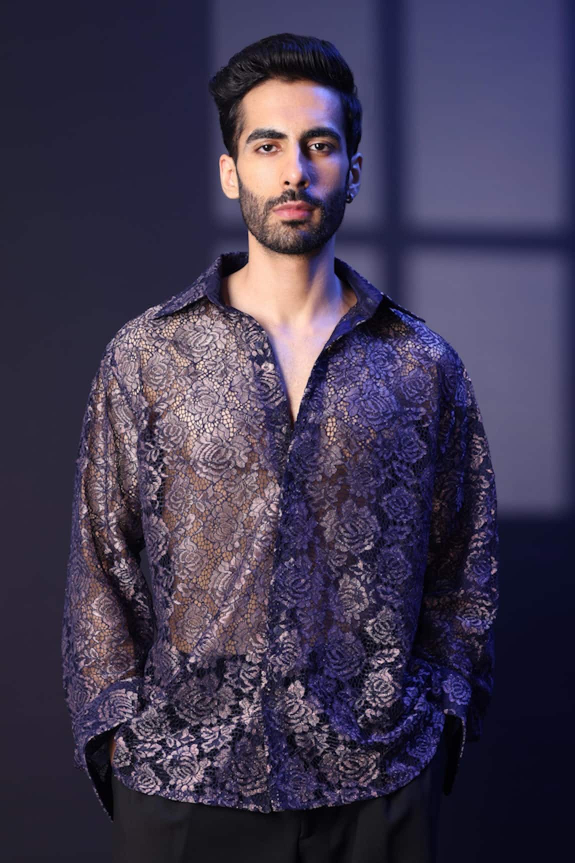 Label Muslin Designer Blue Net Shirt 