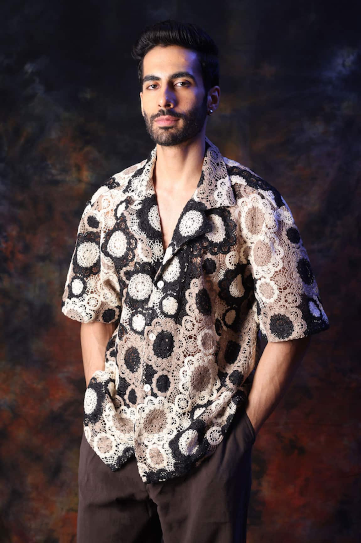 Label Muslin Black & Cream Crochet Designer Shirt 