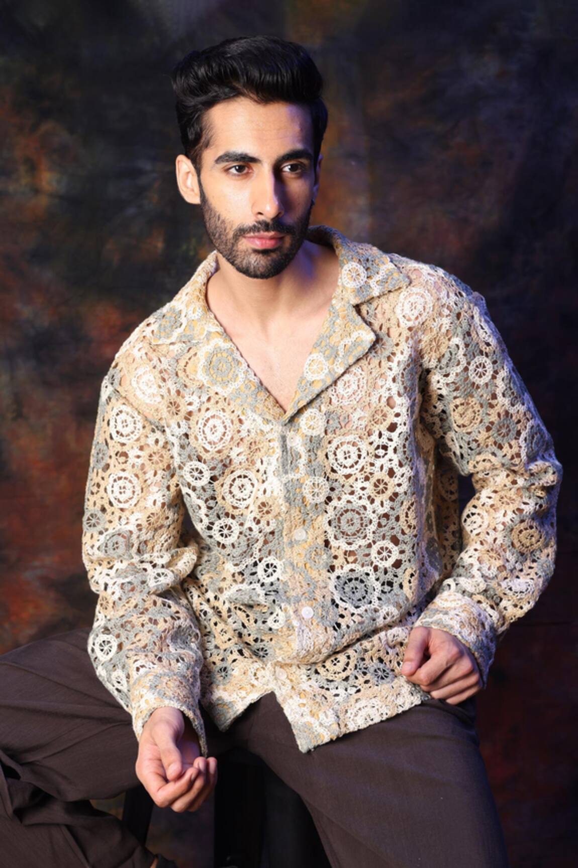 Label Muslin Cream Crochet Designer Shirt 